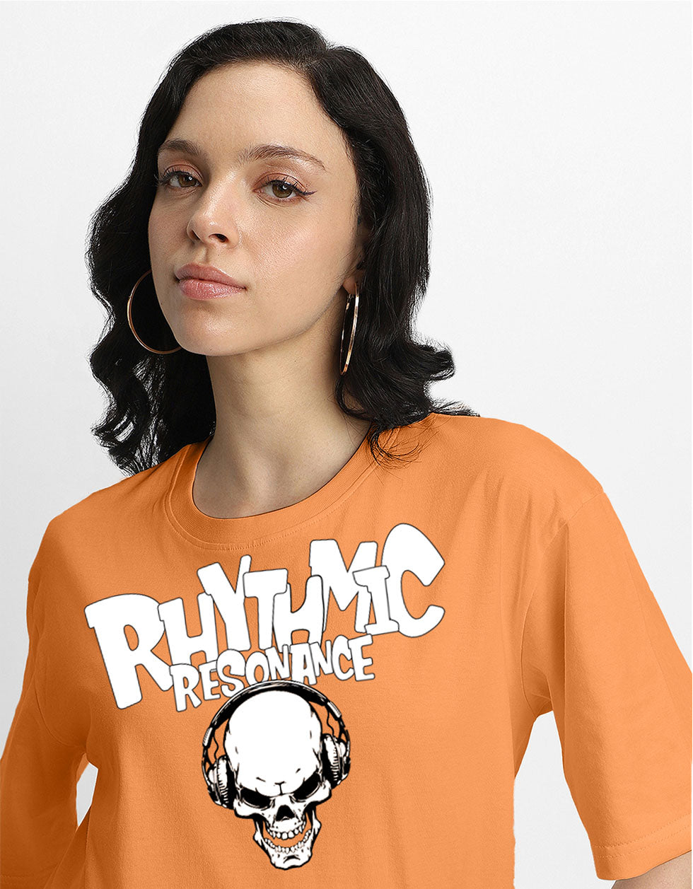 RHYTHMIC Women Orange Oversized Typographic Front Printed Tshirt