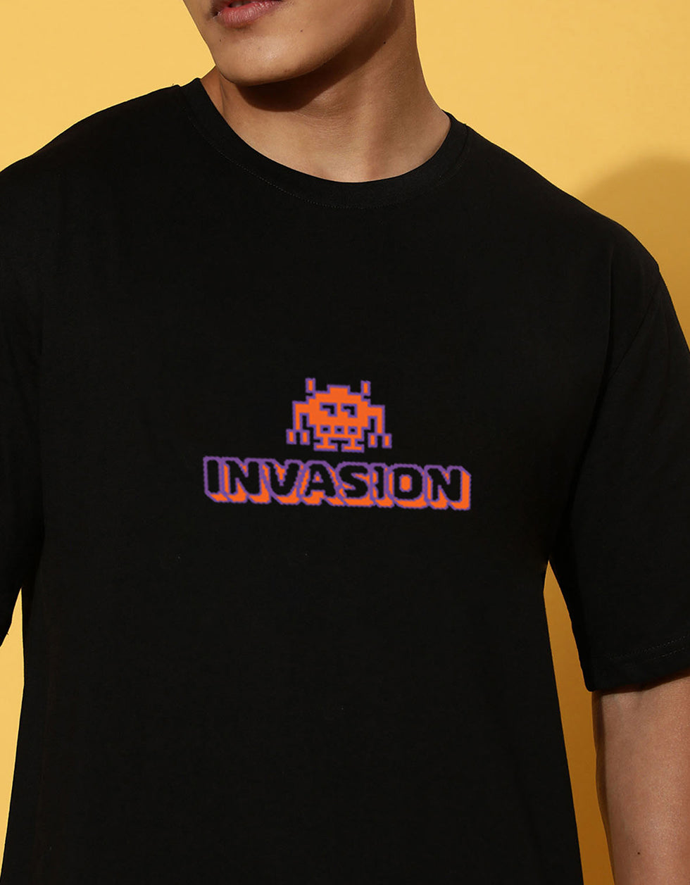 Invasion Black Oversized Graphic Printed T-shirt