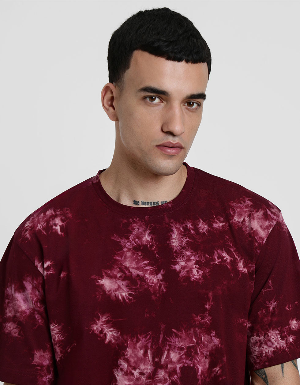 Smoke Maroon Oversized Tie-Die Printed T-shirt