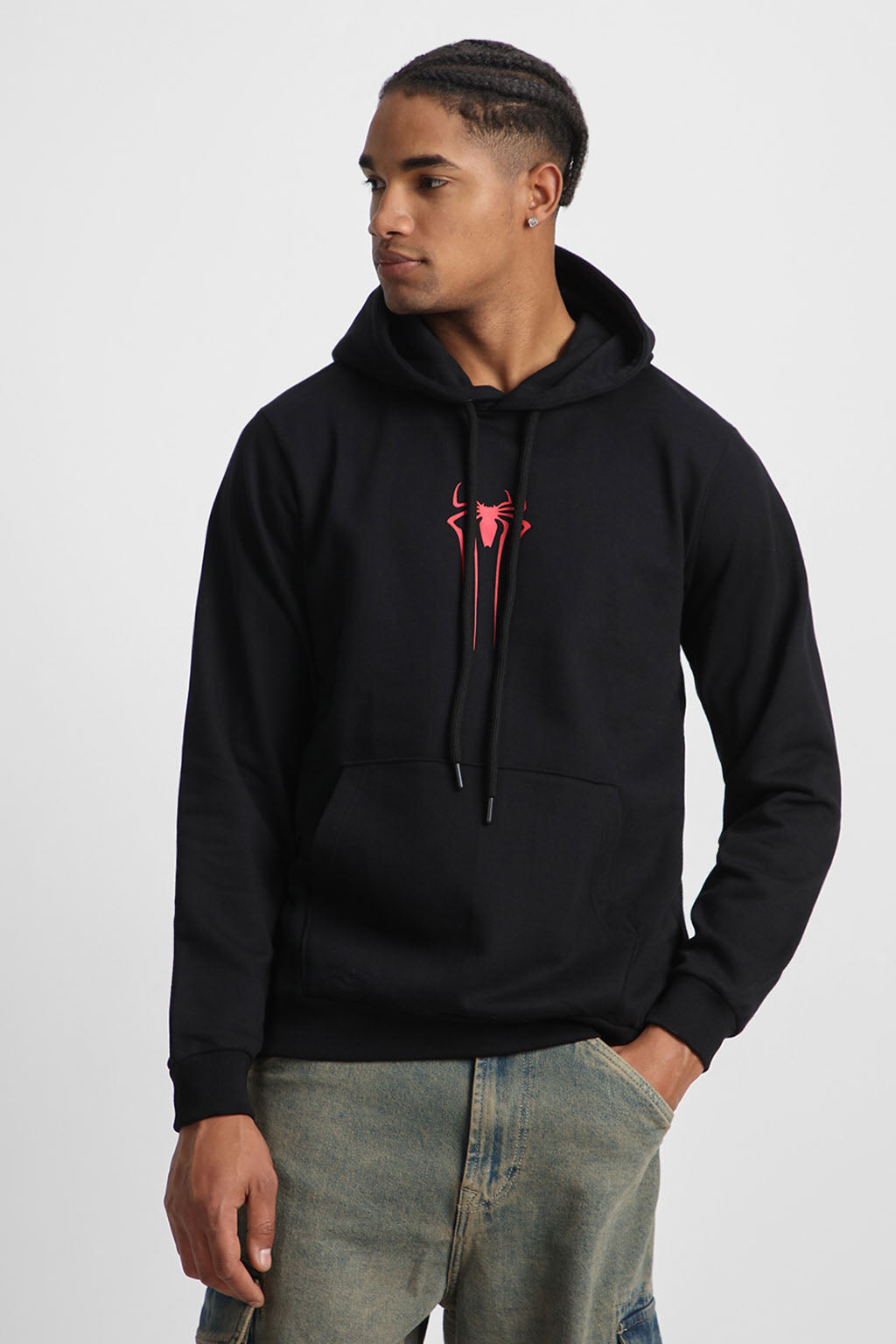 Spider Black Regular Fit Back Printed Hoodie