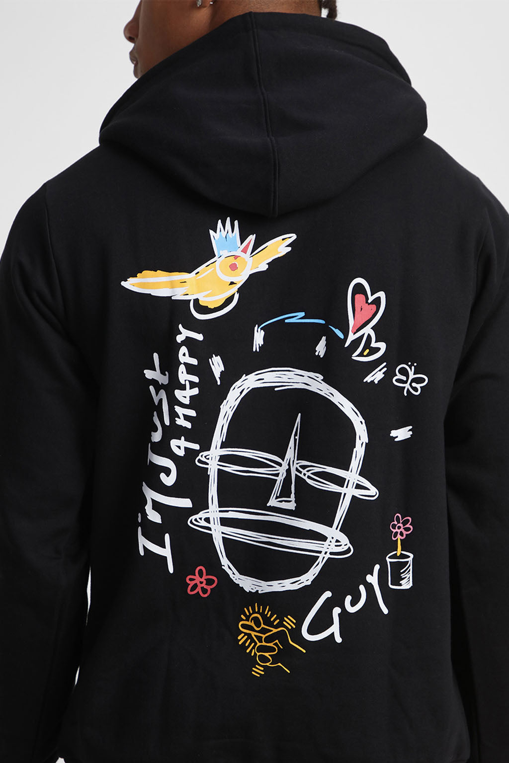 Happy Guy Black Regular Fit Back Printed Hoodie