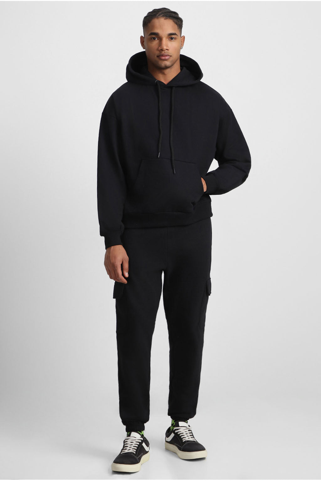 Black Plain Men's Winter Co-ord Set With Hoodie