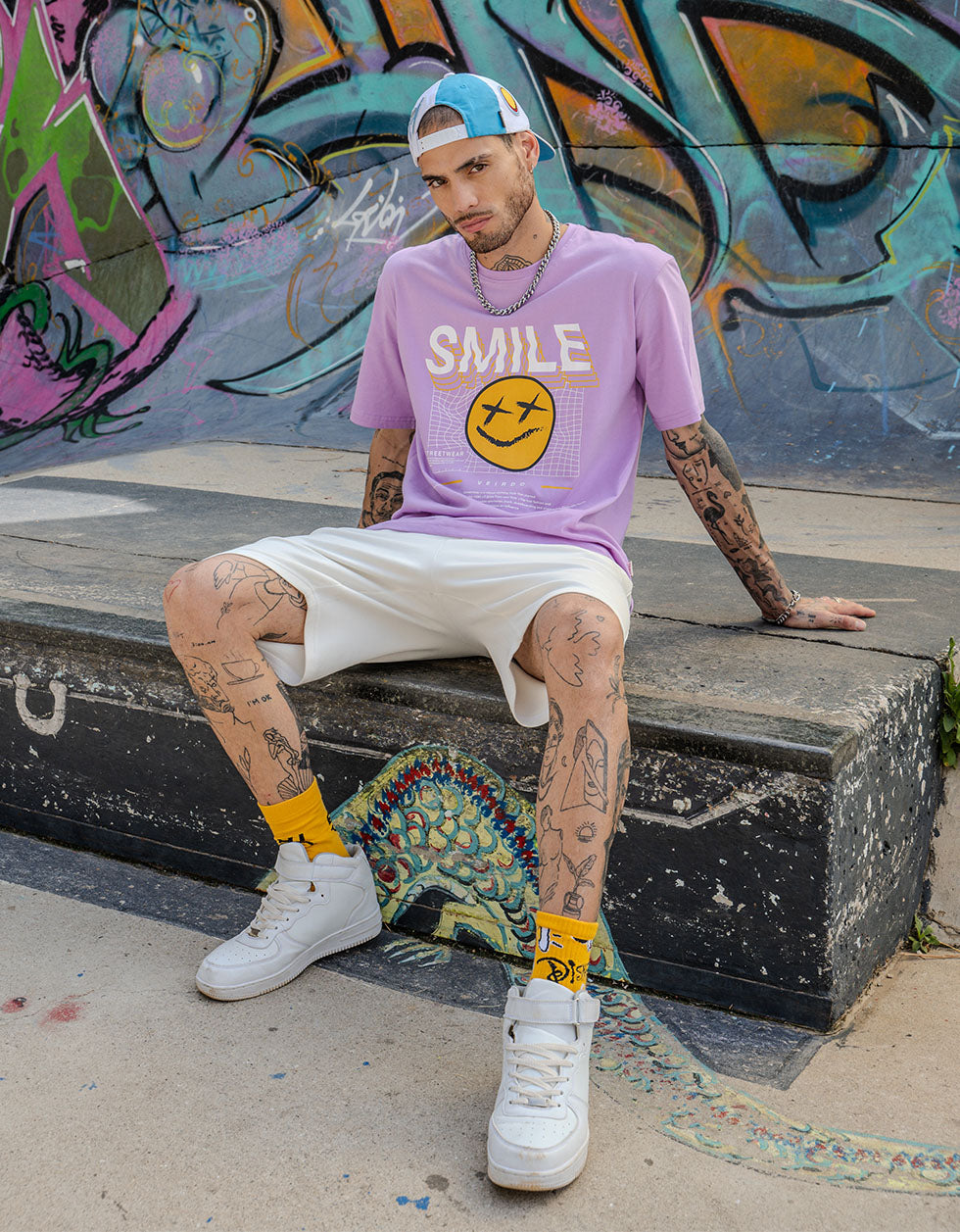 Smile Lilac Oversized Chest Graphic Printed Tshirt