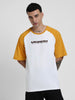 White-Yellow Raglan Oversized Typography Printed Tshirt