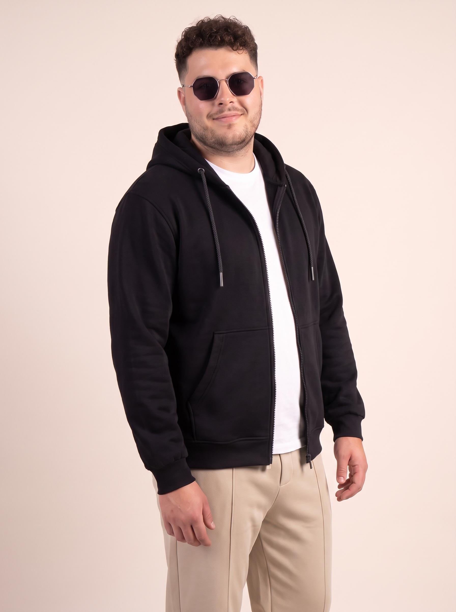 Black Ribbed Cuff Regular Fit Zip-Up Plus Size Hoodie