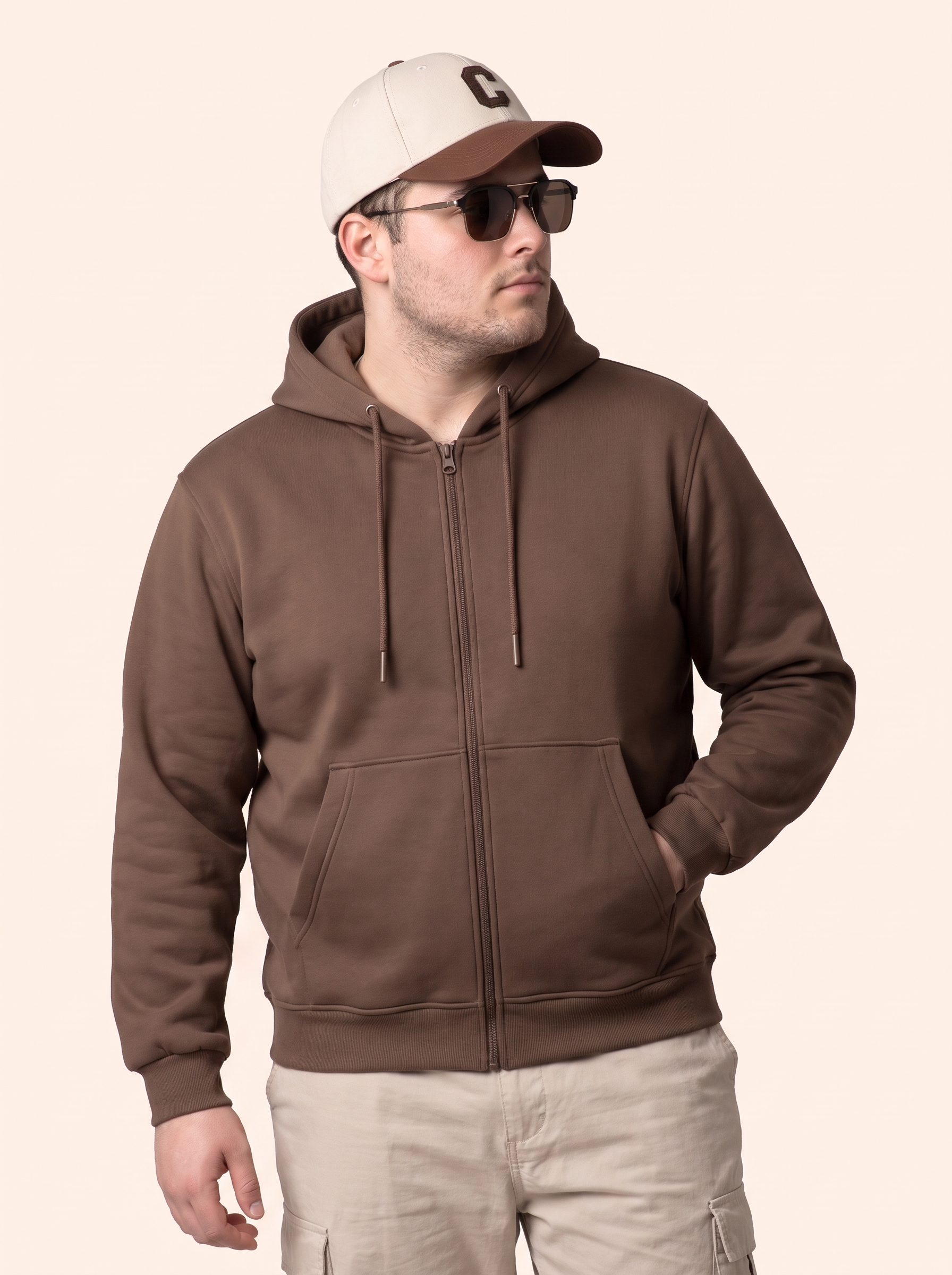 Brown Ribbed Cuff Regular Fit Zip-Up Plus Size Hoodie