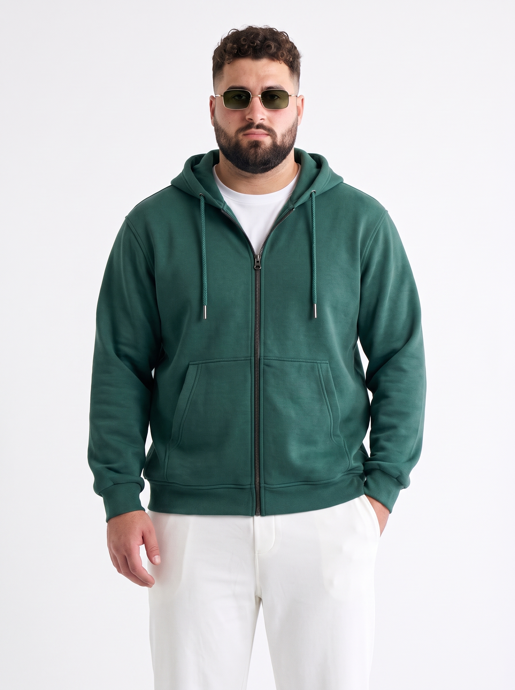 Green Ribbed Cuff Regular Fit Zip-Up Plus Size Hoodie