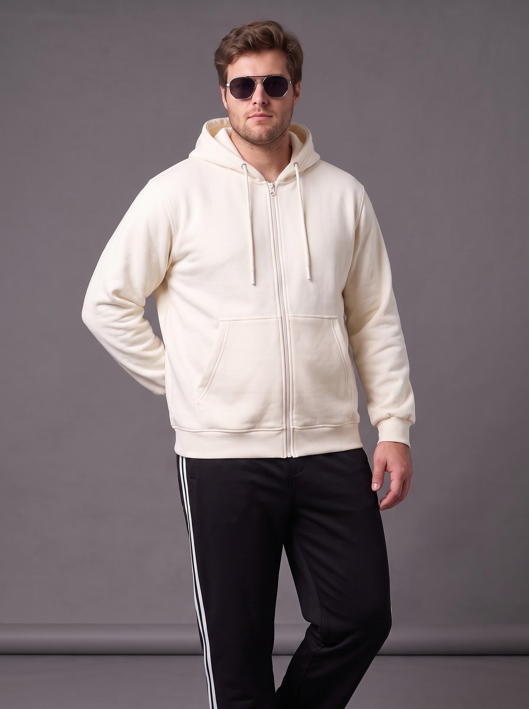 Beige Ribbed Cuff Regular Fit Zip-Up Plus Size Hoodie