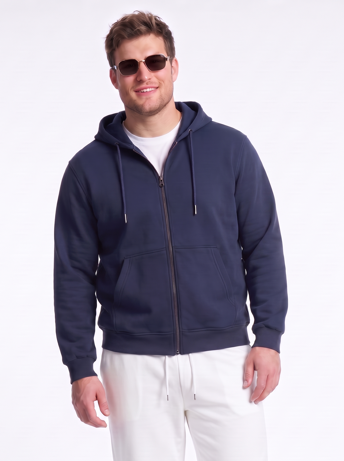 Navy Ribbed Cuff Regular Fit Zip-Up Plus Size Hoodie