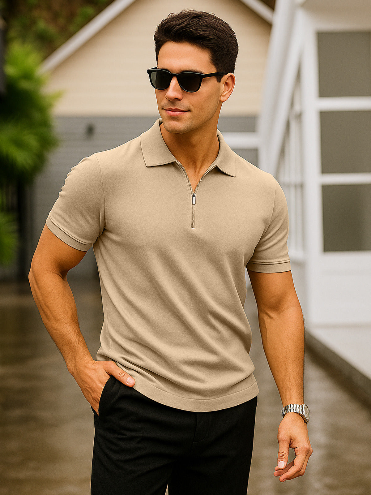 Beige Pique Plain Regular Fit Zipper Polo T-shirt