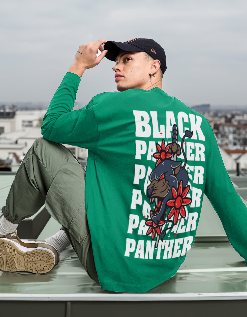 BLACK PANTHER Green Back Typographic Printed Full Sleeve Tshirt