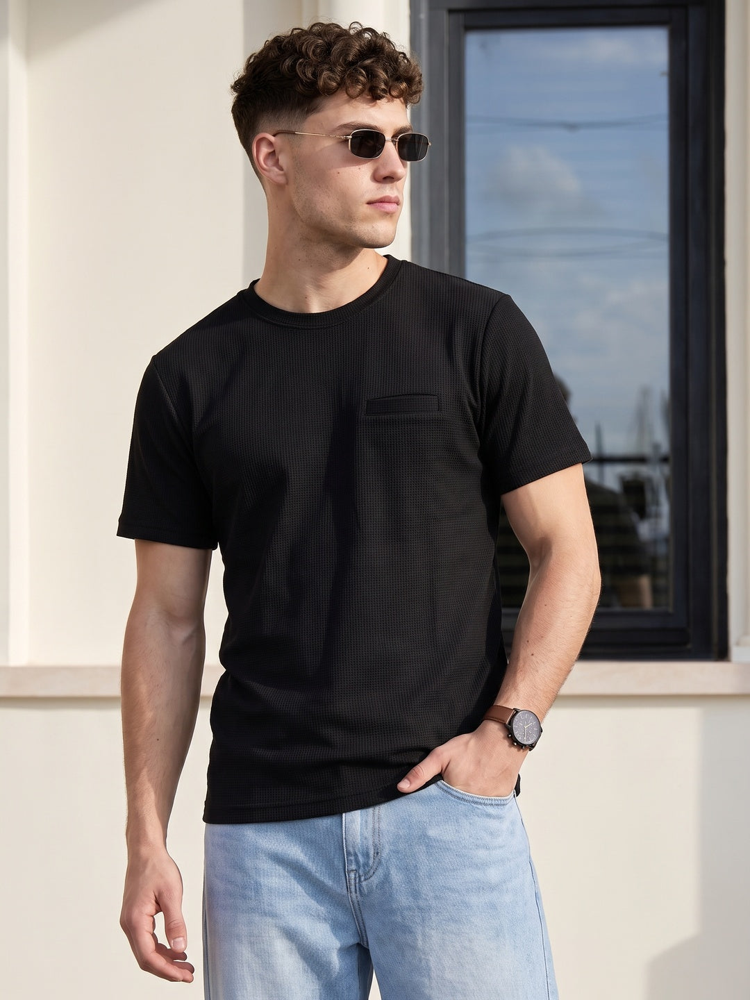 Black Chest Pocket Waffle Textured Regular Fit T-Shirt