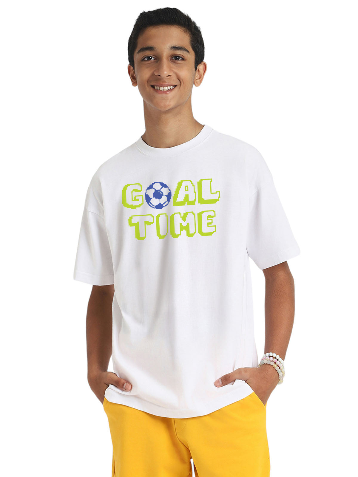 Goal Time White Oversized Graphic Printed Boys T-shirt