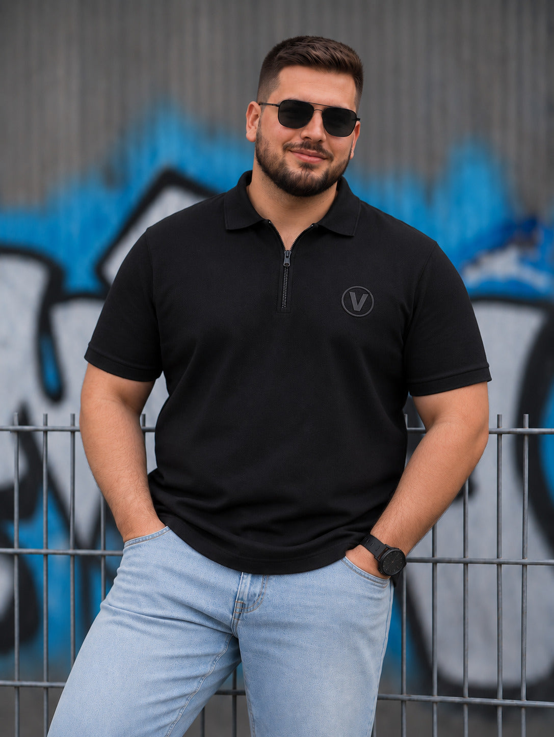 Black Interlock Plain Plus Size Zipper Polo T-shirt