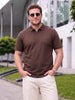 Brown Interlock Plain Plus Size Zipper Polo T-shirt