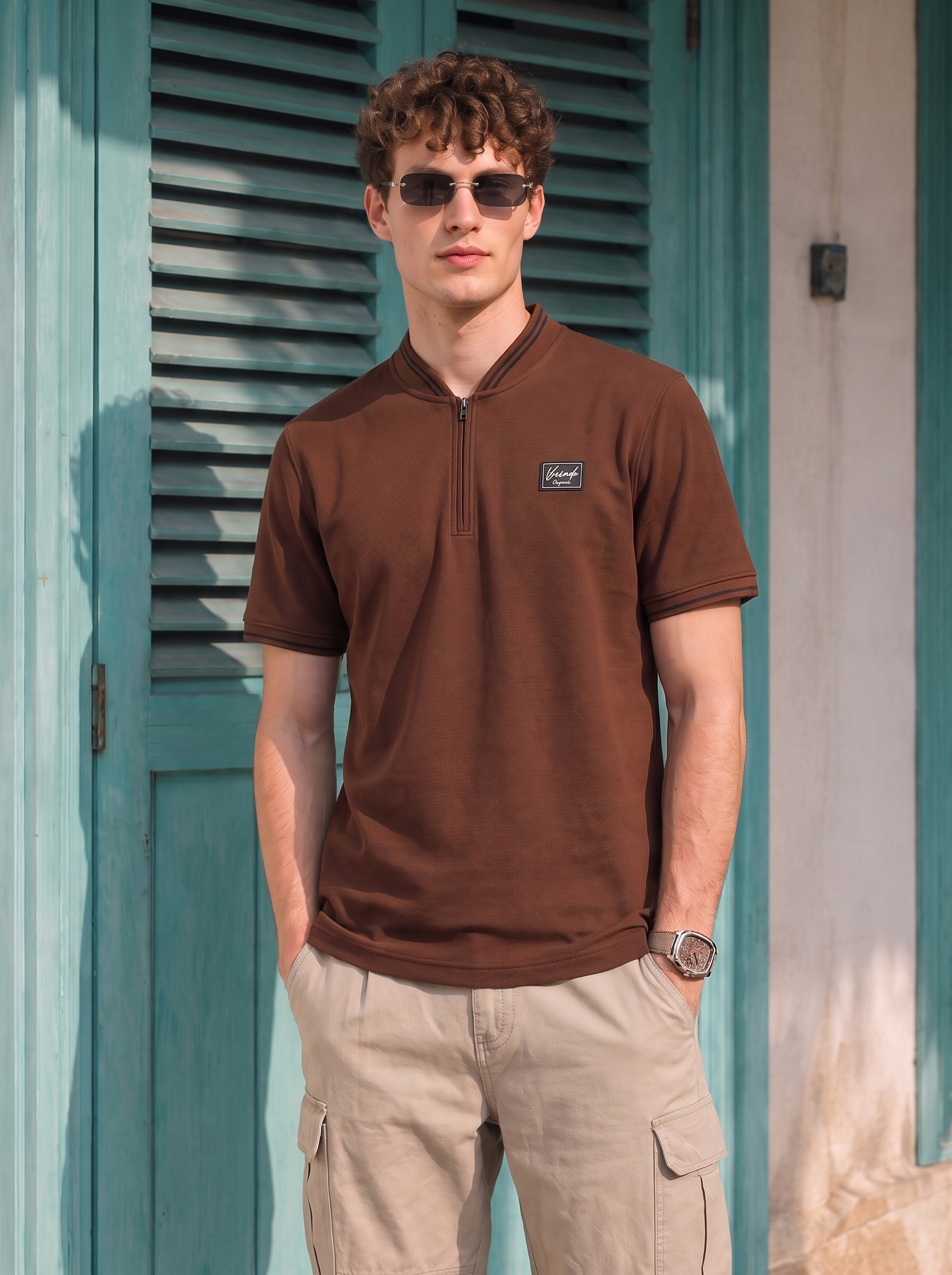 Essential Stripe Collar Brown Regular Fit Polo T-shirt