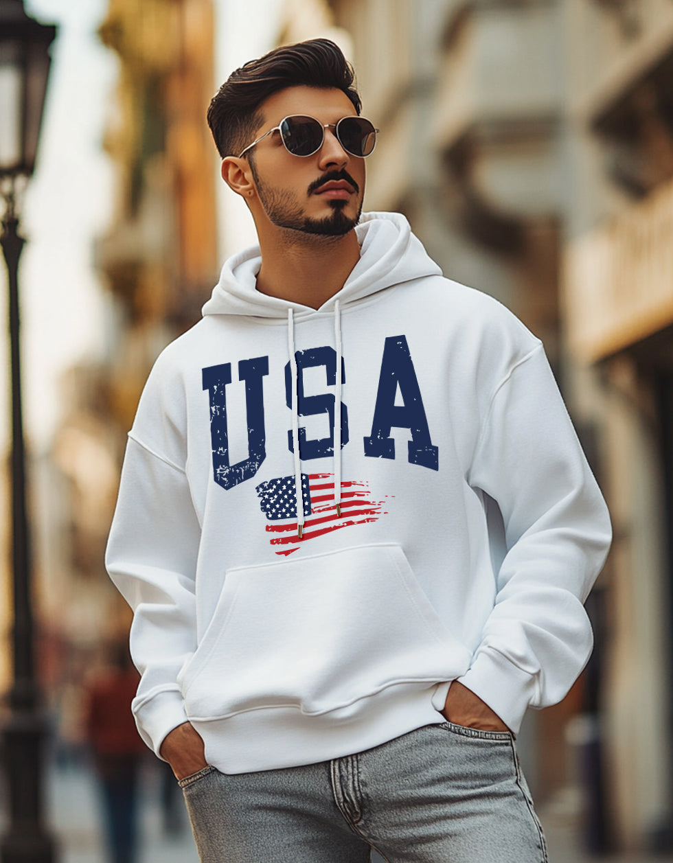 USA White Front Graphic Printed Hoodie