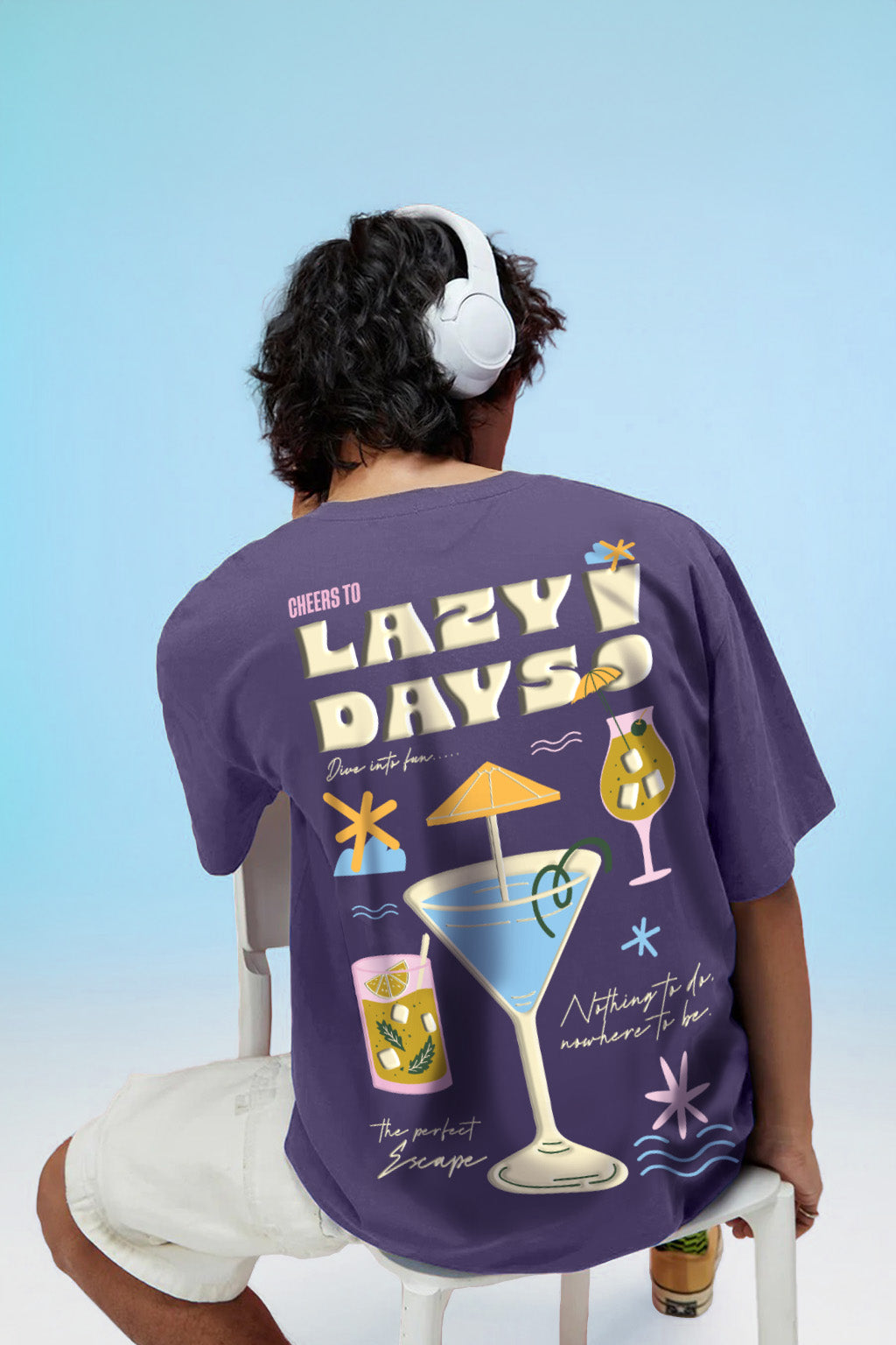 Lazy Days Skipper Blue Oversized Puff Printed Exclusive T-shirt