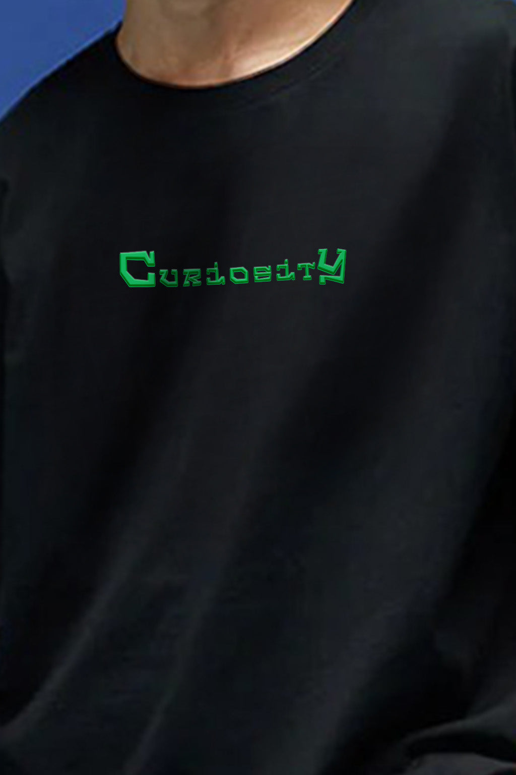 Curiosity Black Oversized Puff Printed Exclusive T-shirt