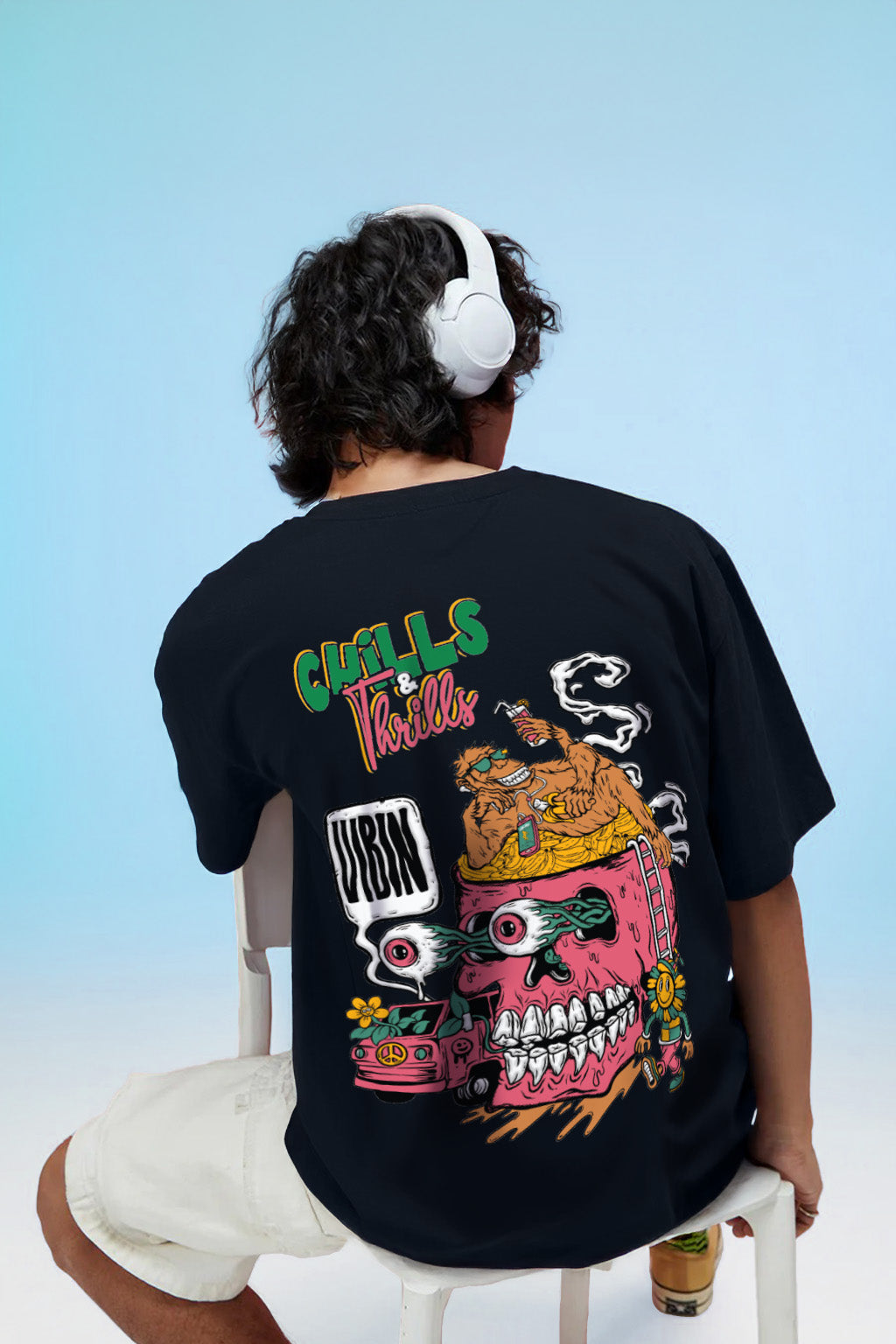 Chill Thrills Navy Oversized Puff Printed Exclusive T-shirt