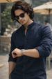 Navy Plain Regular Fit Chinese Collar Full Sleeve Exclusive Shirt