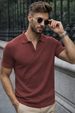 Dark Peach Ribknit Ribbed Plain Regular Fit Polo T-shirt