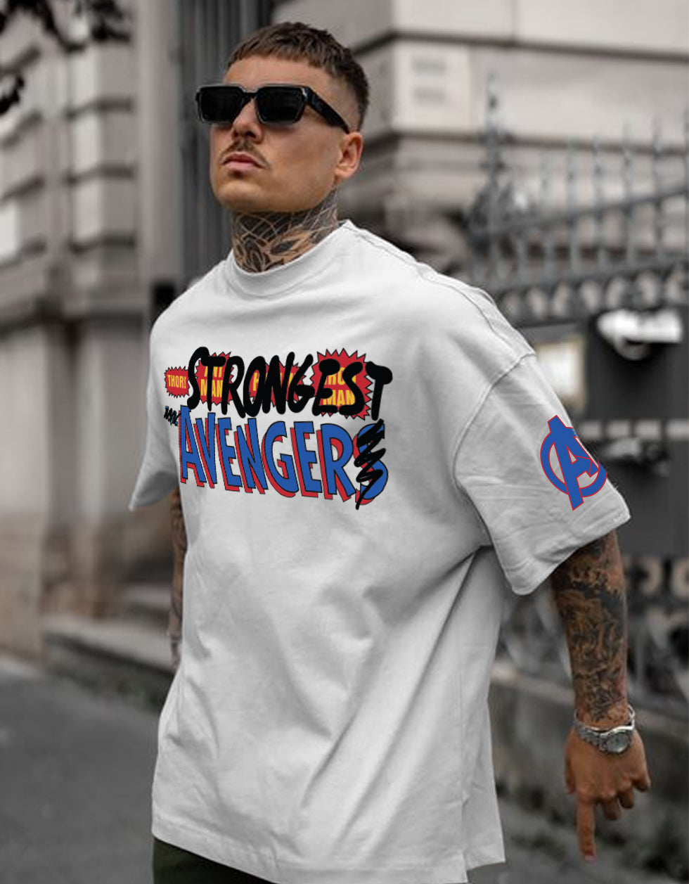 Strongest Avenger  White Oversized Chest Typography Printed Tshirt