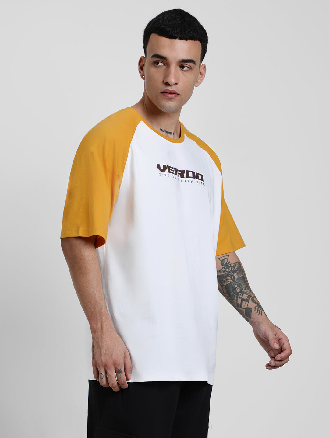 White-Yellow Raglan Oversized Typography Printed Tshirt