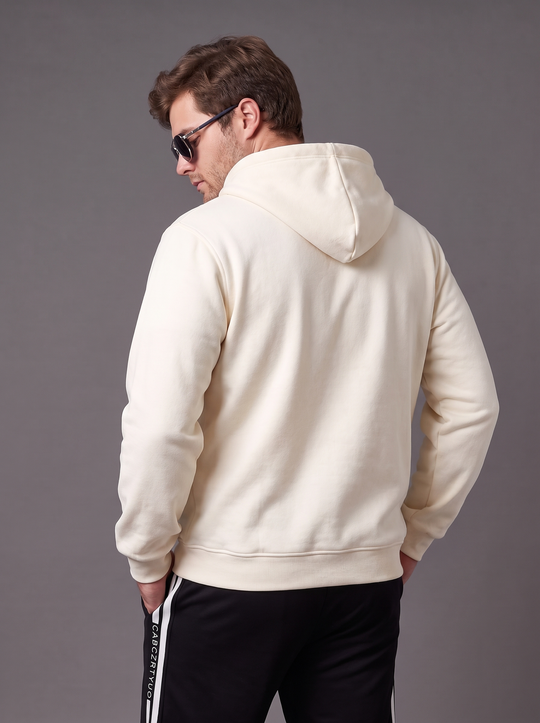 Beige Ribbed Cuff Regular Fit Zip-Up Plus Size Hoodie