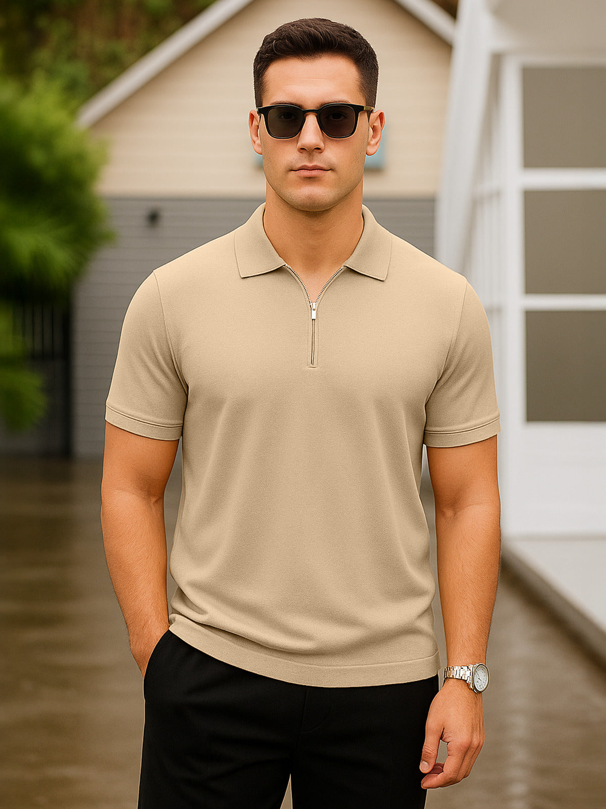 Beige Pique Plain Regular Fit Zipper Polo T-shirt