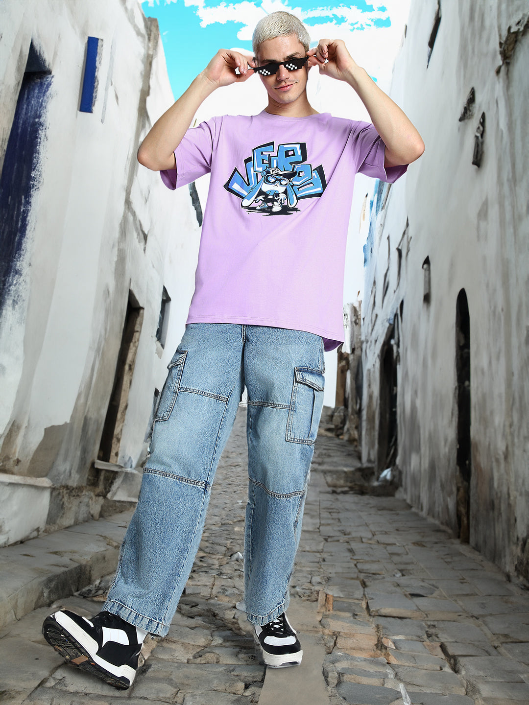 VEIRDO Lilac Oversized Typographic Brand Puff Printed  Tshirt