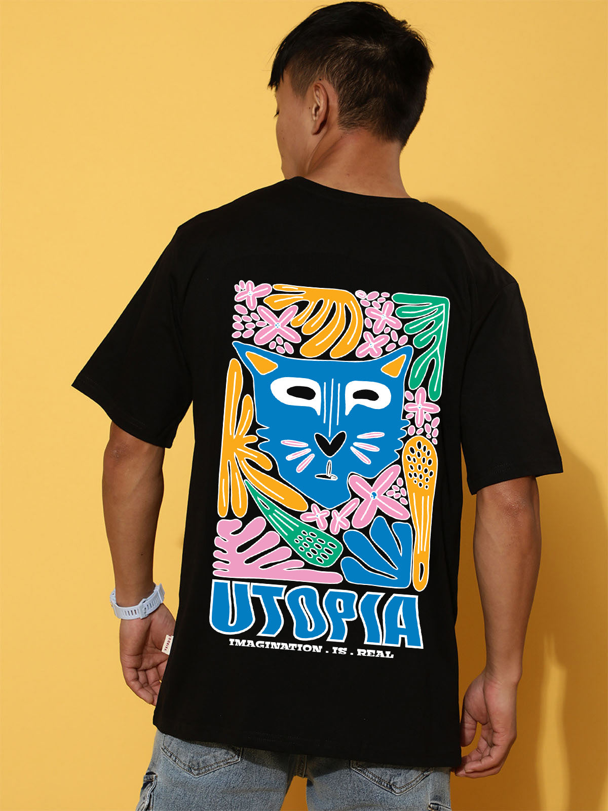 UTOPIA Black Oversized Graphic Back Printed Tshirt