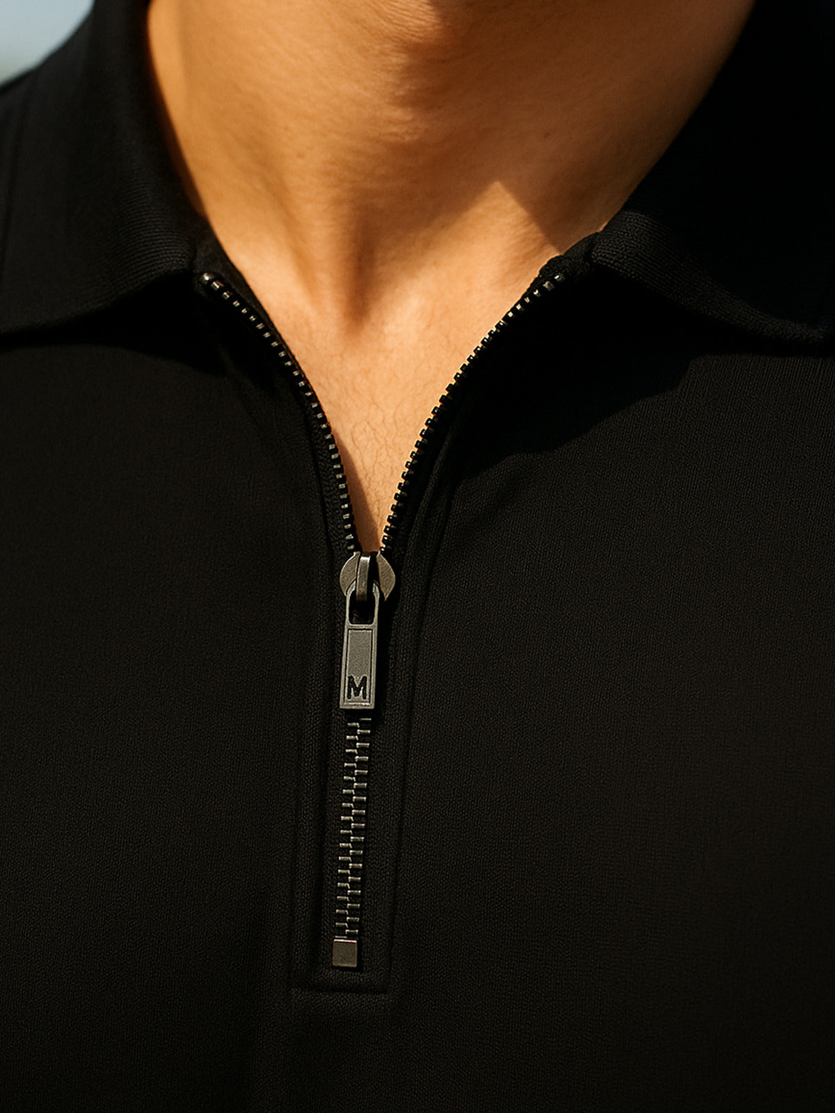 Black Pique Plain Regular Fit Zipper Polo T-shirt