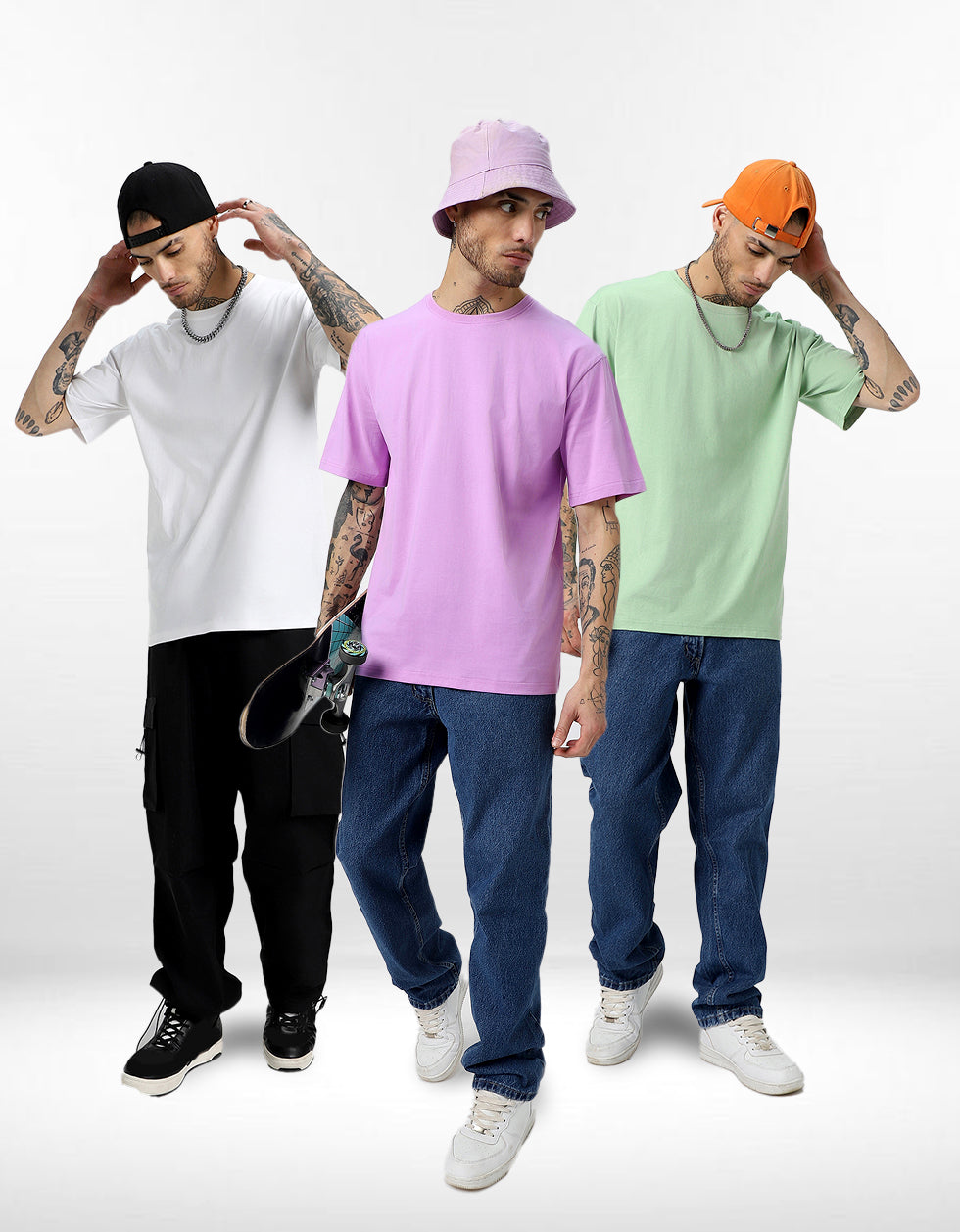 Pack of 3 Plain Oversized T-shirts: White ,Foggreen ,Lilac