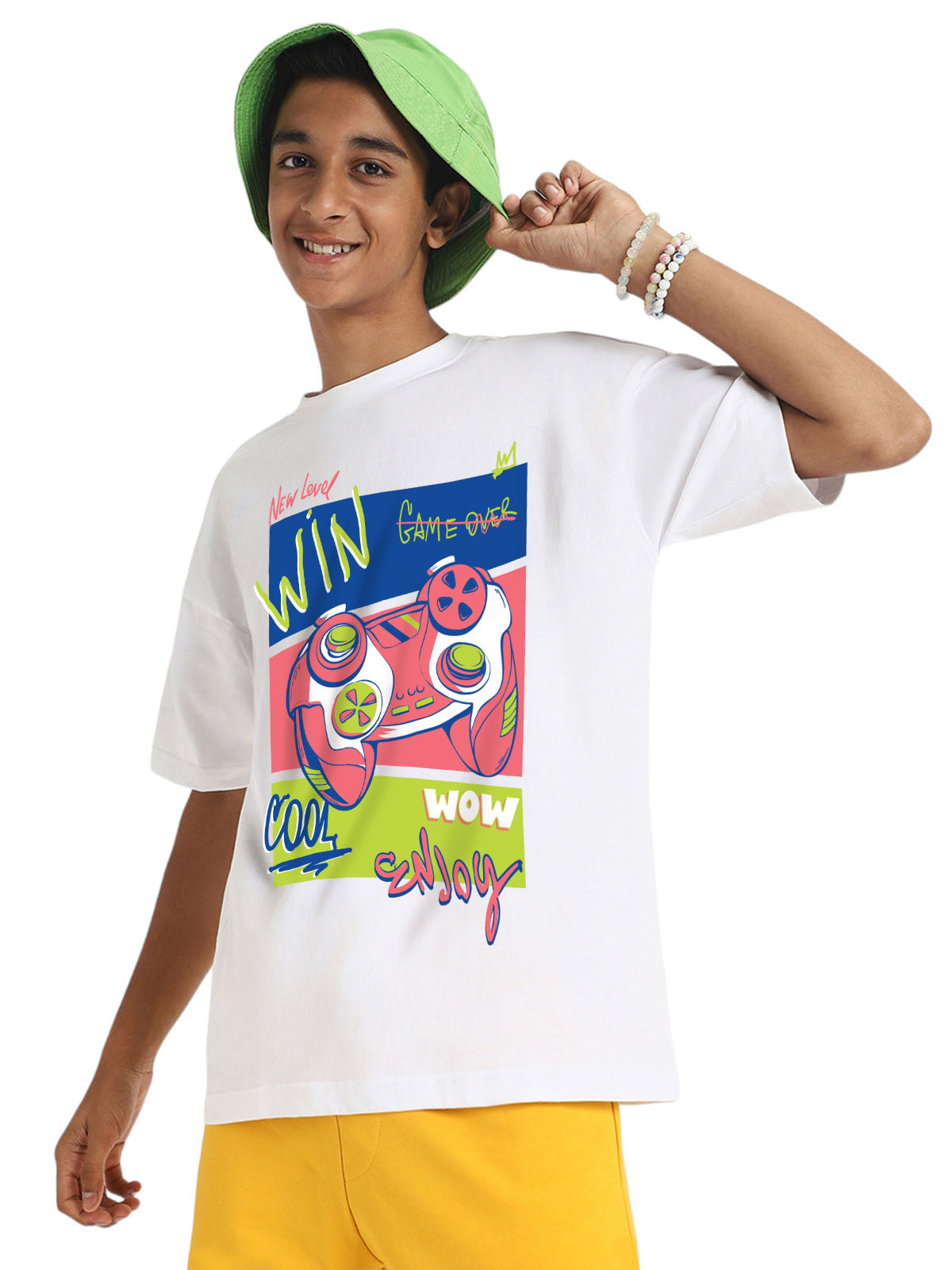 New Level Win White Oversized Graphic Printed Boys T-shirt