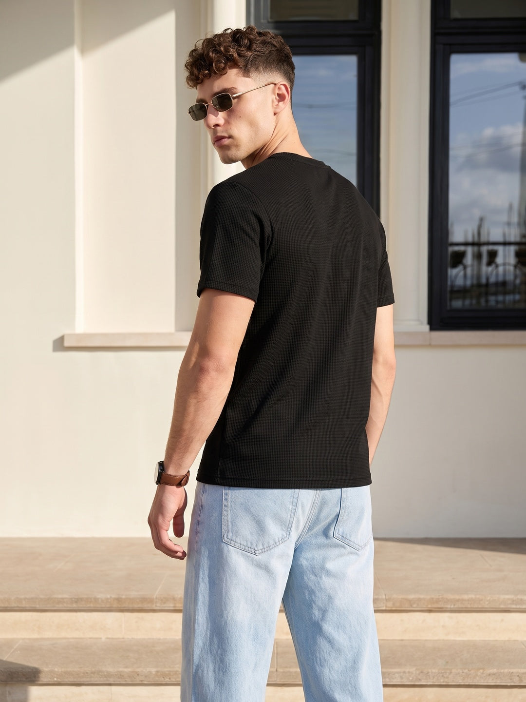Black Chest Pocket Waffle Textured Regular Fit T-Shirt