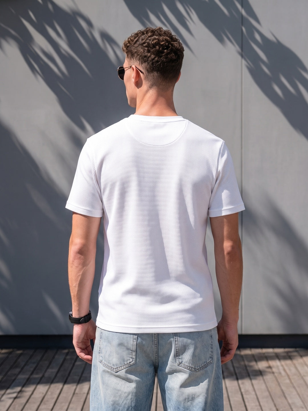 White Chest Pocket Waffle Textured Regular Fit T-Shirt