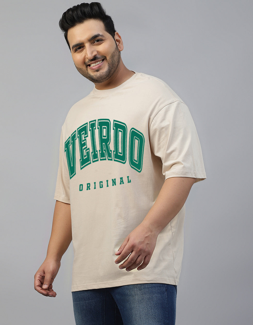 Veirdo Original Beige Oversized Plus Size Graphic Printed Tshirt