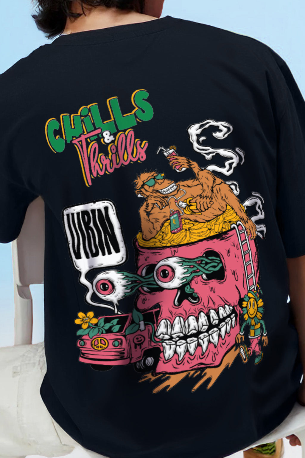 Chill Thrills Navy Oversized Puff Printed Exclusive T-shirt