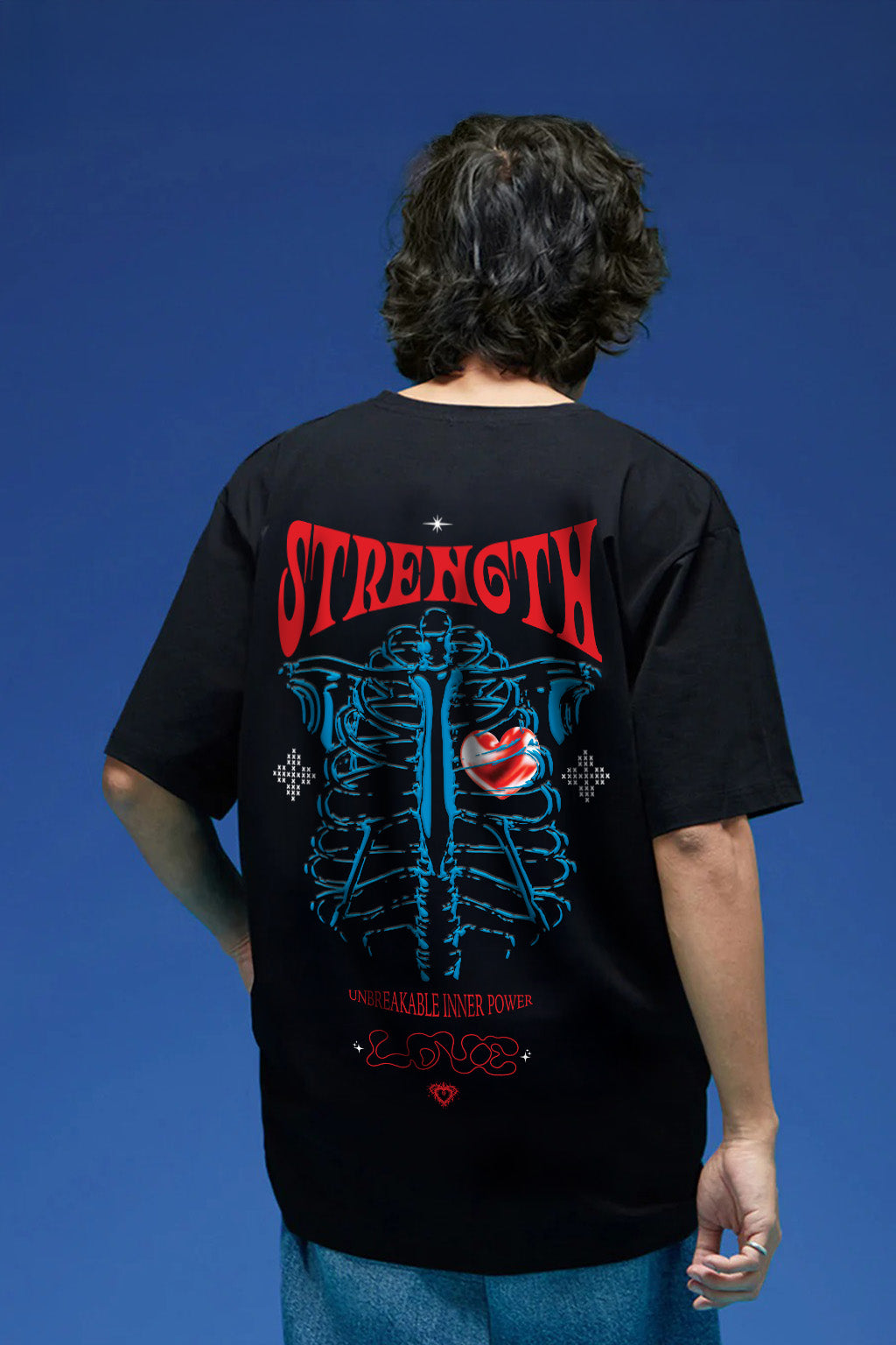 Strenght Black Oversized Puff Printed Exclusive T-shirt