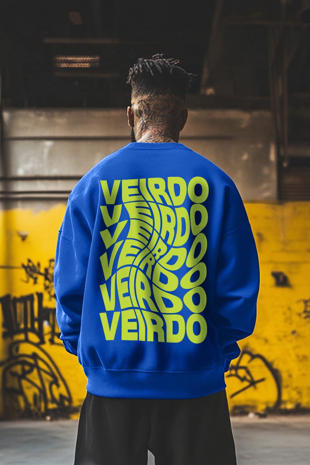 Veirdo Blue Oversized Back Typographic Printed Sweatshirt