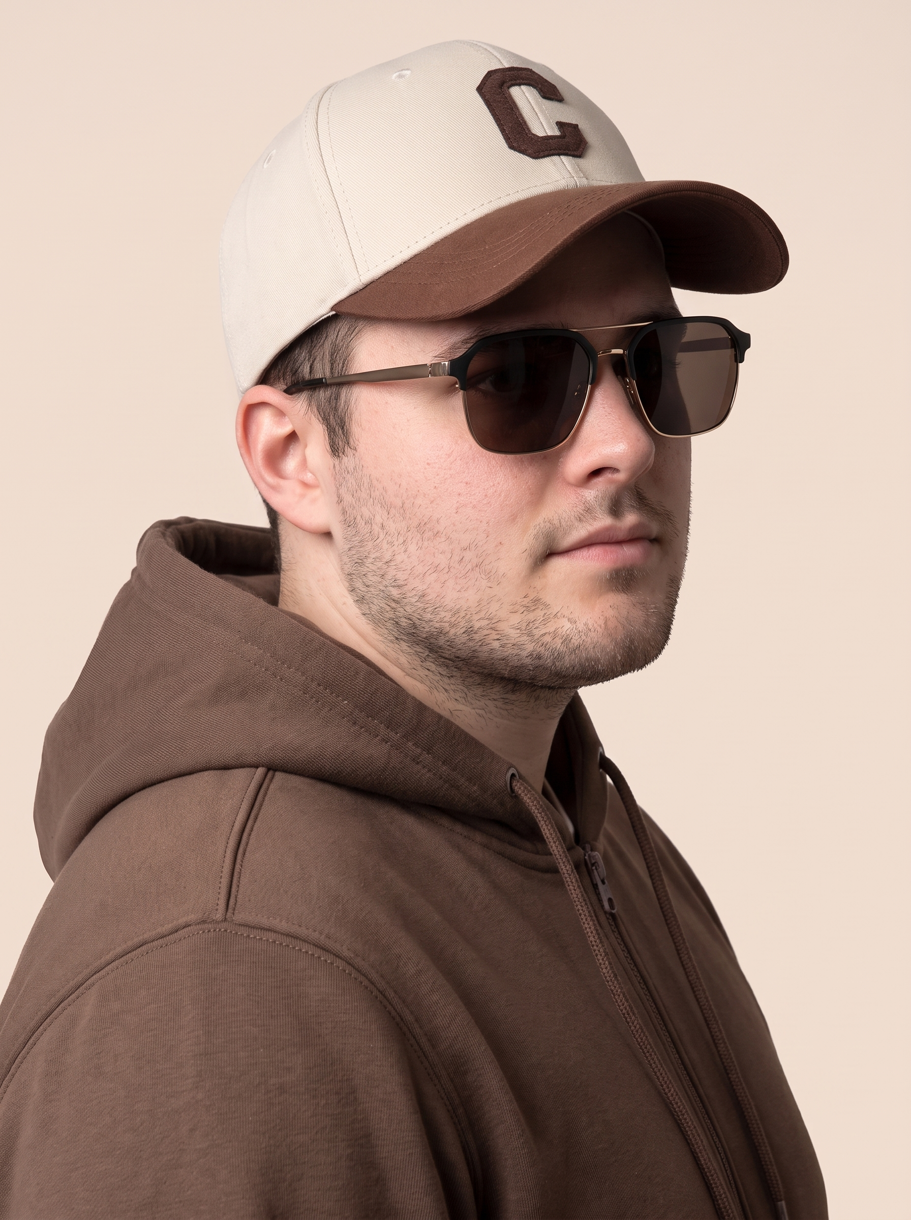 Brown Ribbed Cuff Regular Fit Zip-Up Plus Size Hoodie