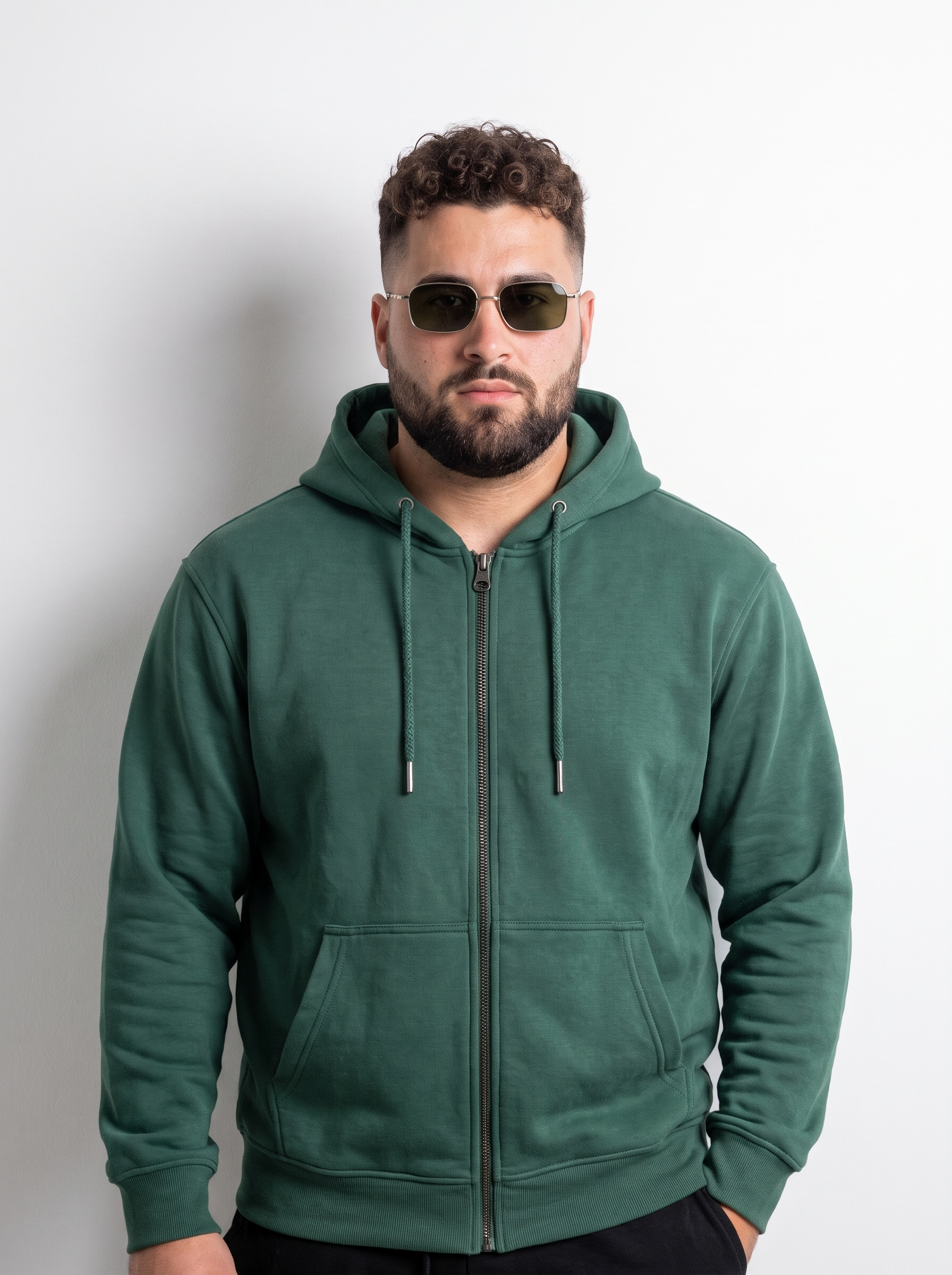 Green Ribbed Cuff Regular Fit Zip-Up Plus Size Hoodie