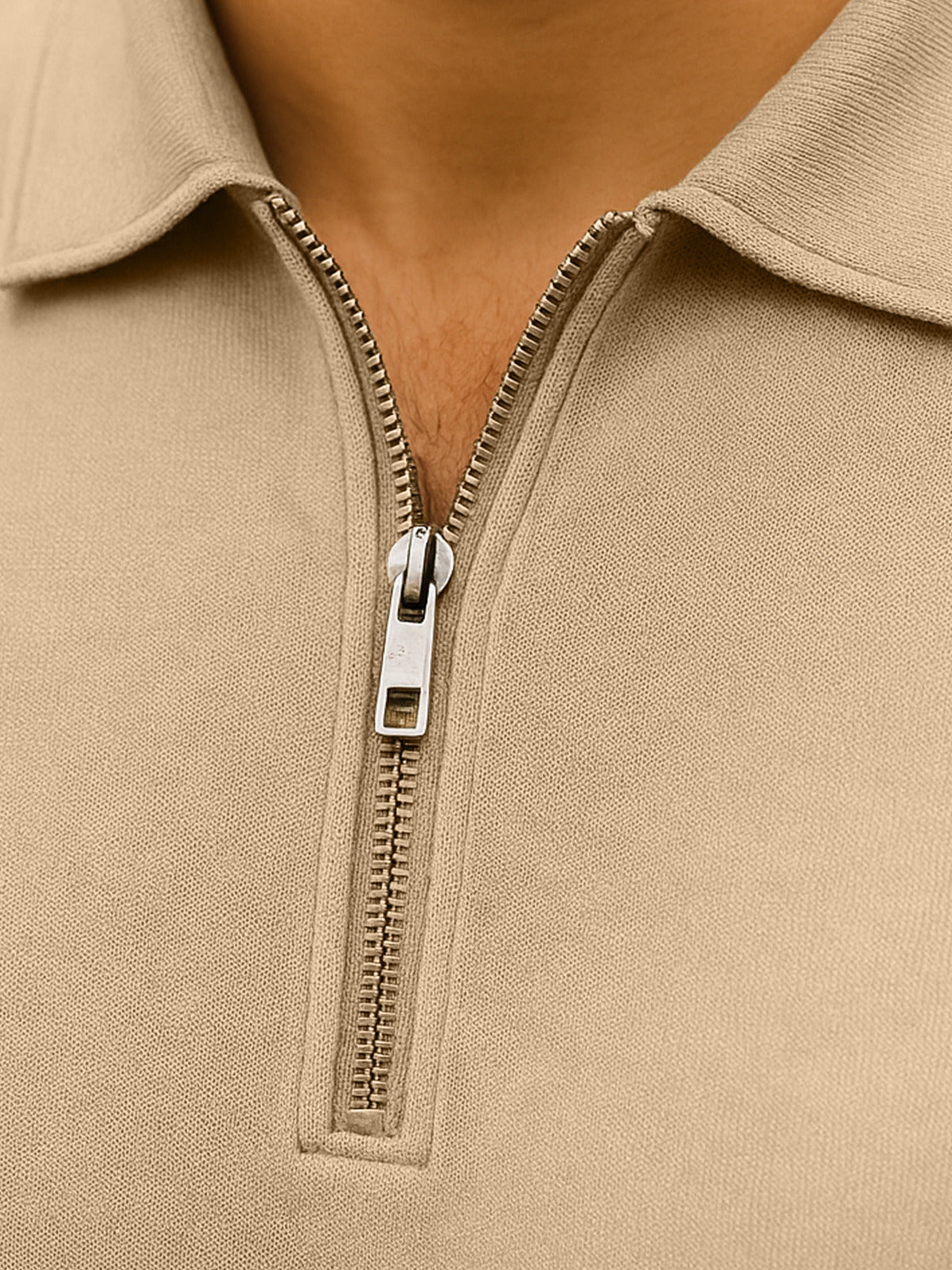 Beige Pique Plain Regular Fit Zipper Polo T-shirt