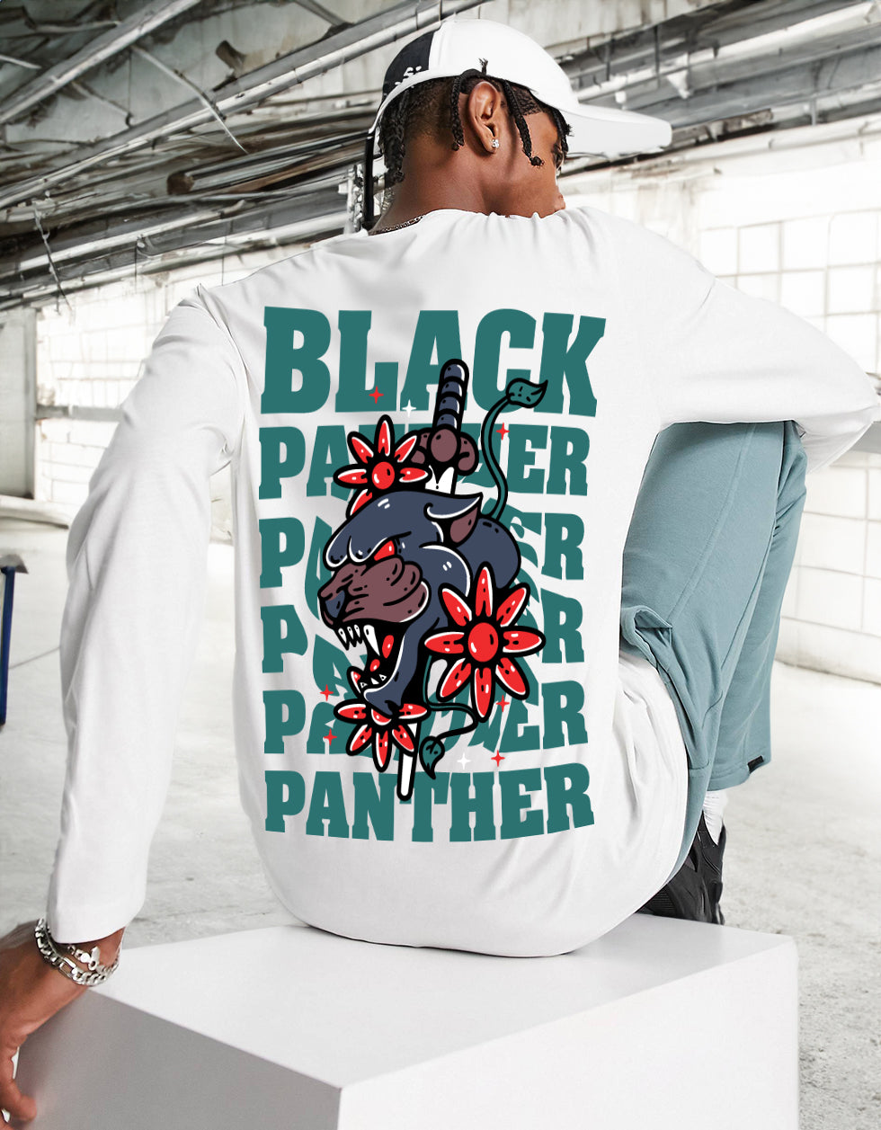 BLACK PANTHER White Back Typographic Printed Full Sleeve Tshirt