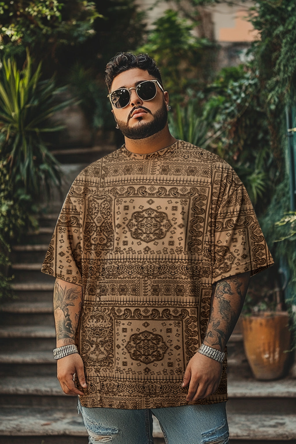 Paisley Beige Oversized Plus Size All Over Printed Tshirt