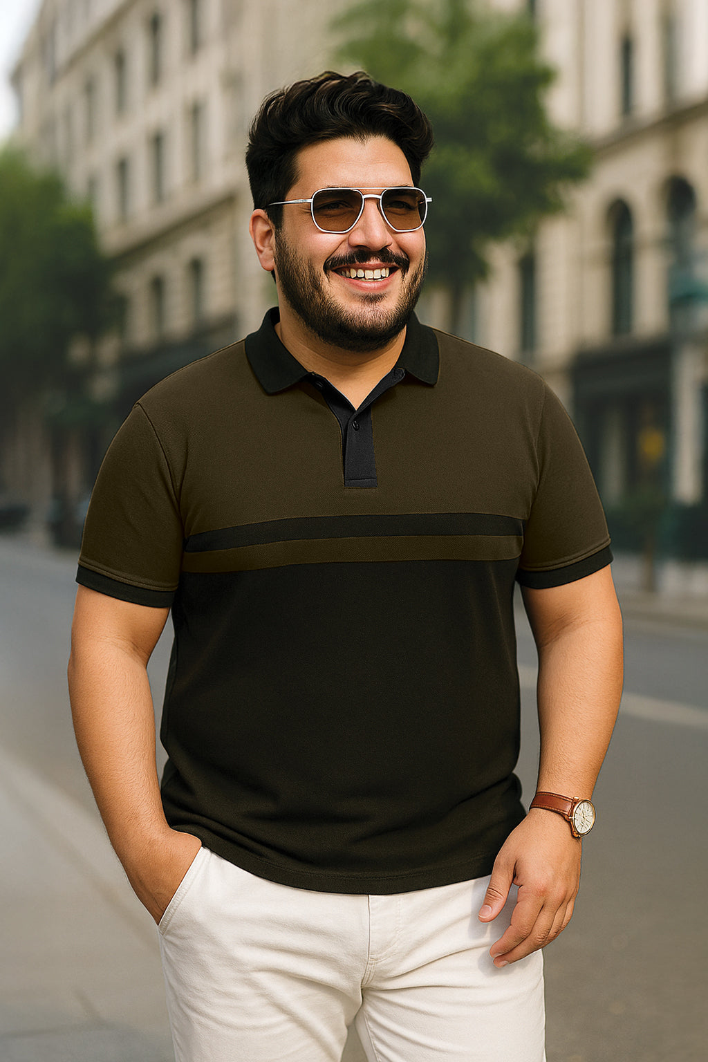 Olive And Black Striped Plus Size Polo T-shirt