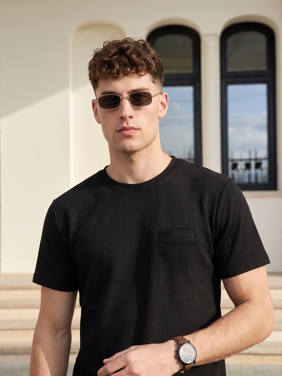 Black Chest Pocket Waffle Textured Regular Fit T-Shirt