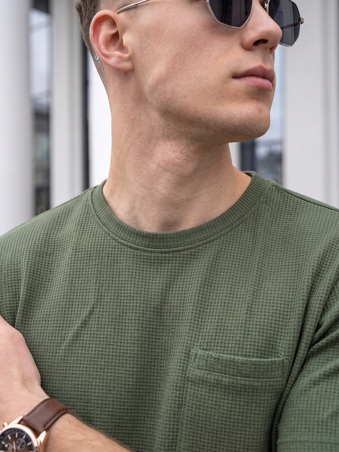 Olive Chest Pocket Waffle Textured Regular Fit T-Shirt