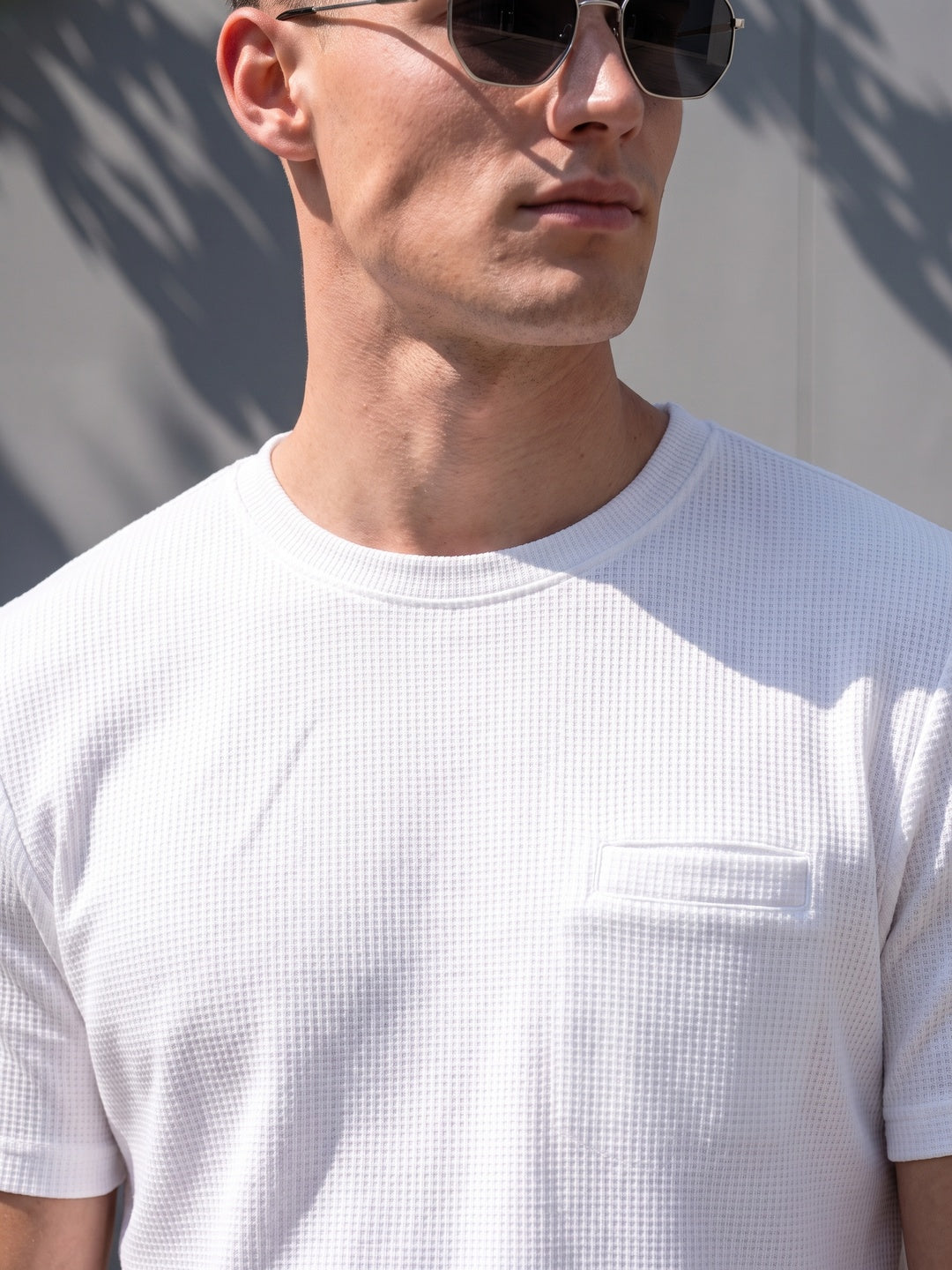 White Chest Pocket Waffle Textured Regular Fit T-Shirt
